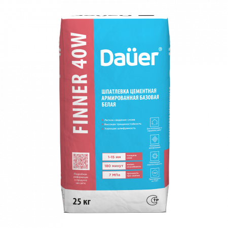 Шпатлевка цементная армированная базовая белая 180/7,0/F50 ГОСТ 33699 DAUER FINNER 40W по низкой цене